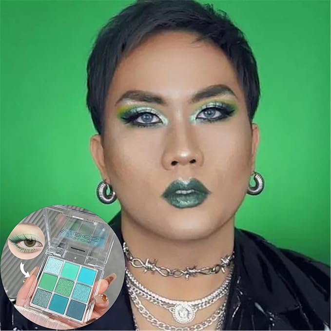 Go Ho 9 Colors Green Eyeshadow Palette,Light to Dark Green Eye Shadow Palette,Matte&Shimmer Eye Makeup Palette,Waterproof Grey&Green Powder Eyeshadow Makeup
