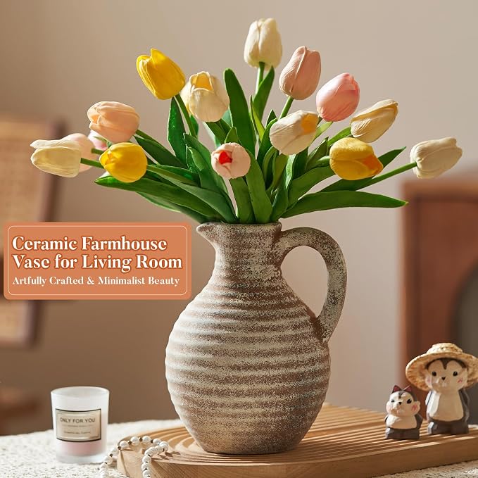 Ceramic Flower Vase Rustic Terracotta Vase with Handles,8 Inch | Neutral Clay Pitcher Antique Vase,Vintage Farmhouse Vases for Home Decor,Living Room,Table