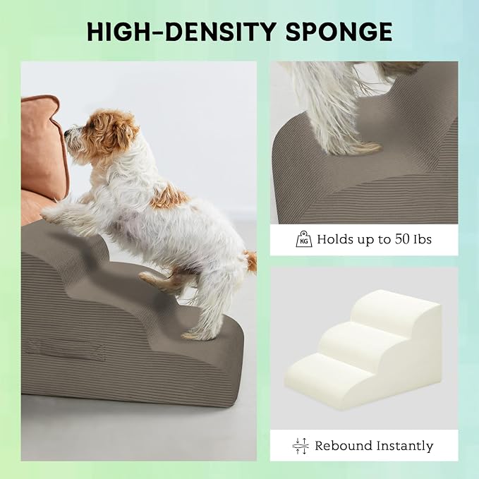 Mesa Lemon 3 Step Dog Stairs Pet Ramp for High Beds, Sofas and Cars | High Density Foam, Non-Slip Bottom, Removable Washable Cover, Portable Handle, Holds Up to 50 lbs, 16 Inch Height