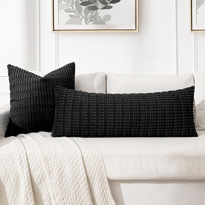 MIULEE Lumbar Corduroy Throw Pillow Cover for Bed 14x36 Black Pack of 1 | Soft Long Decorative Cushion Cover Boho Farmhouse Accent Pillowcase Sofa Couch Livingroom Home Decor