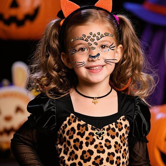 Leopard Face Tattoo Stickers Tiger Lion, Leopard Print Cat Face Gems for Women Party Birthday Cosplay Face Temporary Tattoo for Makeup 2 sheets