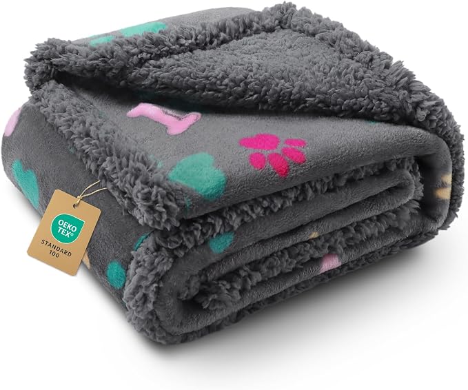 Luciphia Waterproof Dog Blanket Reversible Sherpa Fleece for Large Dogs Cat | Soft Print Pet Blanket Washable Pee Proof, Furniture Protector for Couch Sofa Bed Car, Cozy Throw (57" x 40", Grey Bone)