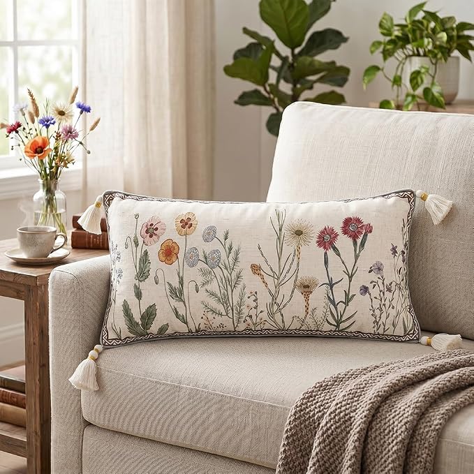 Designer Linen Throw Pillow Cover,Set of 2,28"x12"-Serenity D | French Elegant Rectangle Decor Pillow Cover,Concealed Zipper Design,Light Beige,Sofa,Bedroom,Living Room,Chairs