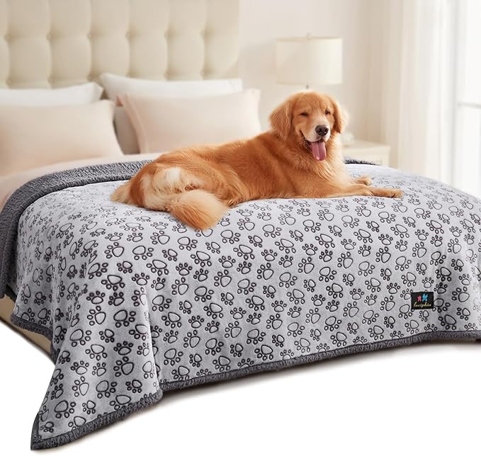 Luciphia Waterproof Dog Blanket Reversible Sherpa Fleece for Large Dogs Cat | Soft Print Pet Blanket Washable Pee Proof, Furniture Protector for Couch Sofa Bed Car, Cozy Throw(85" x 57", Grey)
