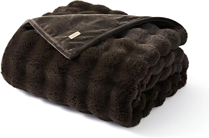 Faux Rabbit Fur Bubble Throw Blanket, 50"x60", Dark Brown | Ultra Soft, Luxury Faux Rabbit Fur Throw, Thick Warm Bubble Blanket, Cozy Fluffy Reversible, for Bed, Couch, Chair, Sofa