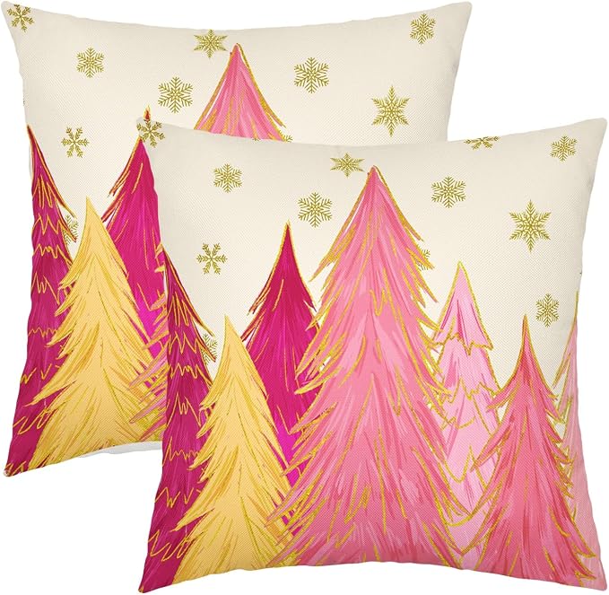 Christmas Pillow Covers 20X20 Inch Set of 2 Hot Pink Xmas Trees Decorative Pillow Cases Golden Snowflakes Cotton Linen Cushion Case Farmhouse Winter Holiday Home Decor for Sofa Couch Bedroom