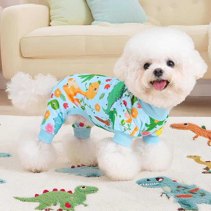 XPUDAC 2 Pack Dog Pajamas for Small Breeds, 4-Way Stretch Soft Dog Onesie Lightweight Warm Pet Clothes Jammies for Large Breeds Dinosaur Avocado Print, S