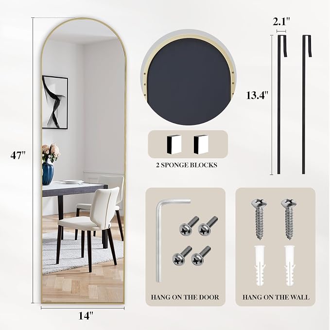 DUMOS Arched Full Length Mirror Over the Door, 47"x14" Wall Mount Mirror | Door Mounted Body Dressing Mirror, Metal Aluminum Alloy Frame, Bedroom Living Room Entryway, Gold