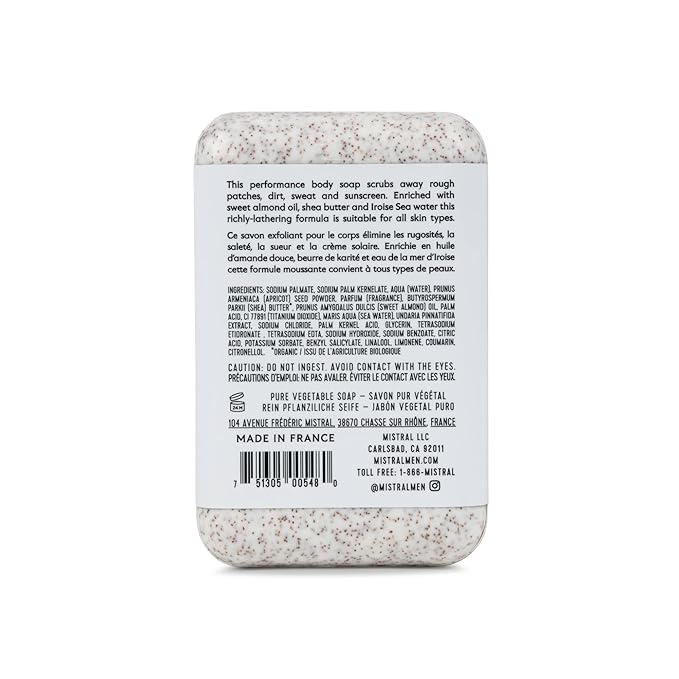 Mistral Exfoliating Bar Soap for Men - 8.8 oz | Luxury French Scrub Bar with Apricot Seed Powder, Marine Minerals, Shea Butter, pH‑Balanced, Sulfate‑Free, Daily Use | Natural Men's Body Soap