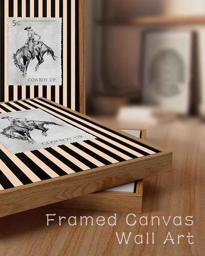 ZZLWBKGL Western Wall Decor Cowboy Canvas Art Vintage Framed Wall Art | Farmhouse Striped Artwork Retro Country West Stamp Picture Bucking Bronco Paintings for Living Room Bedroom 12x16in