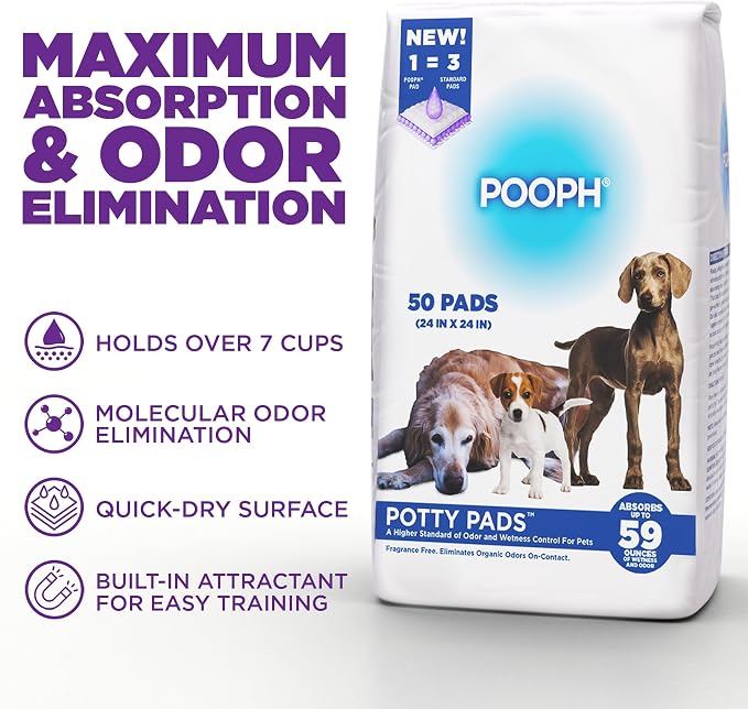 POOPH® Potty Pads™ 24 x 24 in, 50 Count | Disposable 24 x 24 in potty pads with absorbent core and odor control. Includes 50 pads