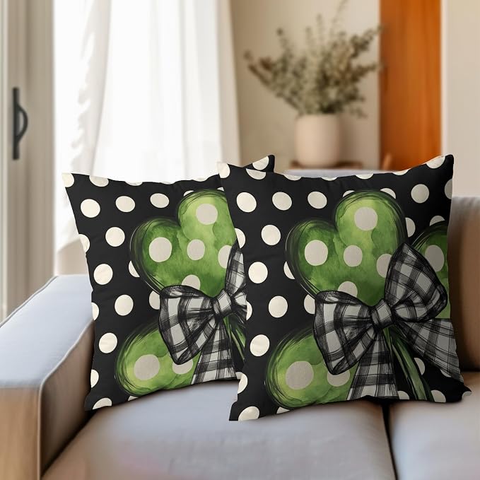 Kawani St Patricks Day Pillow Covers 16x16 Set of 2 Polka Dots Lucky Shamrock Clover Black Pillowcase Cotton Linen Square Cushion Case for Couch Sofa Bed Farmhouse Indoor Outdoor Decor