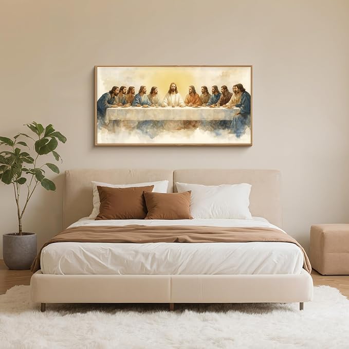 FWIEXA Jesus Last Supper Canvas Wall Art, Framed Easter Christian Decor Painting, Religious Boho Prints, Bible Watercolor Artwork, 20x40In Verse Scripture Pictures for Living Room,Bedroom,Prayer Room