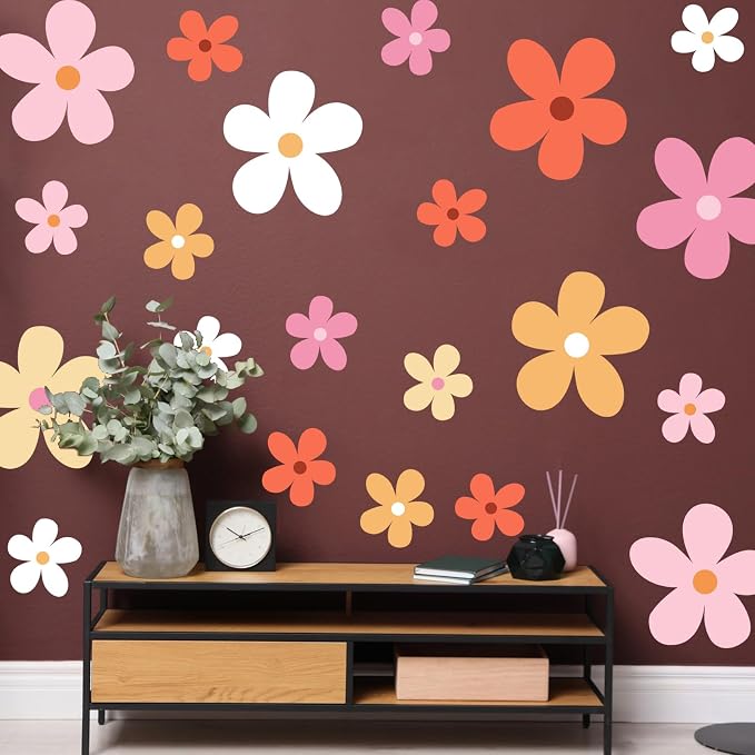 TaoBary 12 Sheet Daisy Wall Sticker Decal,Bright Color,Elegant Style | Big Flower Wall Sticker, Pink White Floral Decal, Daisy Bedroom Room Decor, Removable Peel and Stick, Nursery Home Wall Decor