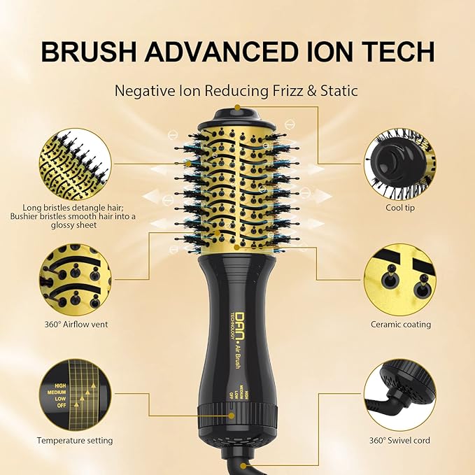 DAN Technology Hot Air Brush & Mini Curling Wand Set - 1 Inch Travel Set with 3 Temperature Settings (1 Inch Yellow)