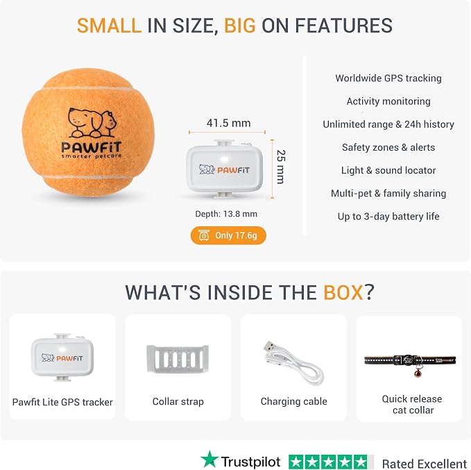 Pawfit Lite 4G GPS Cat Tracker, Live Tracking, Ultra-Light, Simply White