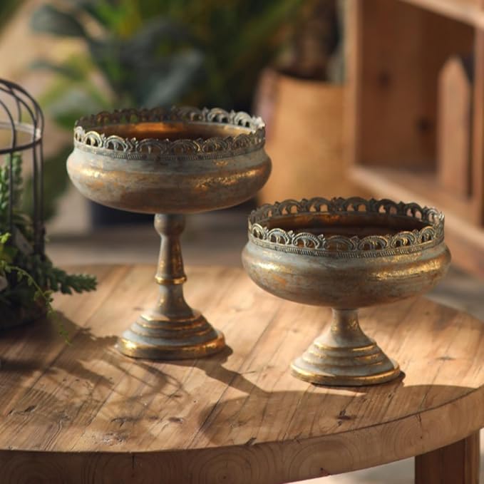 Pedestal Planter Iron Antique Pedestal Planter Distressed Finish Compote Vase for Decorative Display, Floral Arrangements, Tall