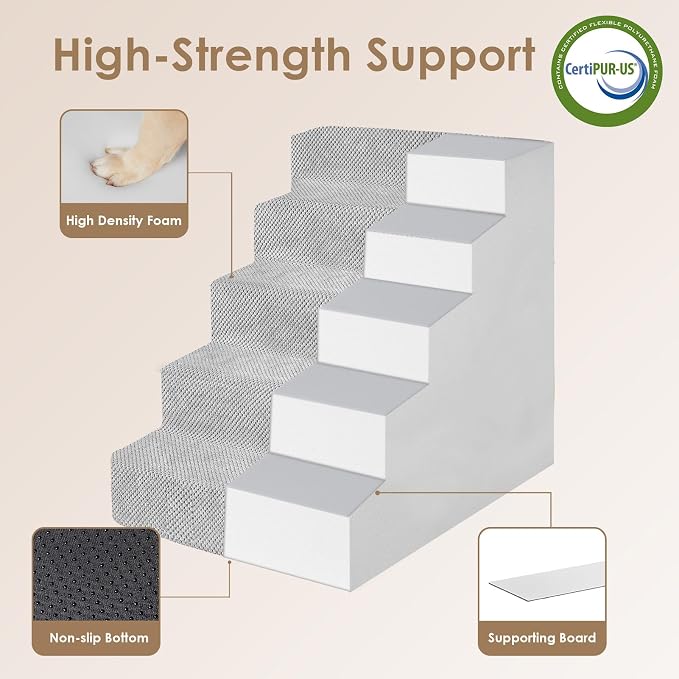 EHEYCIGA Dog Stairs for High Bed 25" H, Extra Wide Dog 5-Step, Light Grey | Pet Steps for Small Dogs and Cats for Bed, Non-Slip Balanced Pet Ramp Indoor