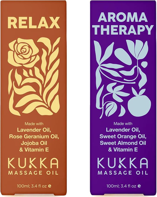 Kukka Relax Massage Oil (3.4 fl oz) & Aromatherapy Massage Oil (3.4 fl oz) Set - Body Oils for Women & Men - Spa Quality & Light Weight