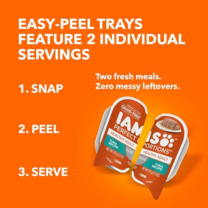 IAMS Perfect Portions Healthy Adult Pate Wet Cat Food, Tuna, 24 Count | Grain-free, prebiotics & beet pulp for digestion, Omega 3 & 6 for skin & coat, snap-peel-serve 2.6 oz. twin-pack trays