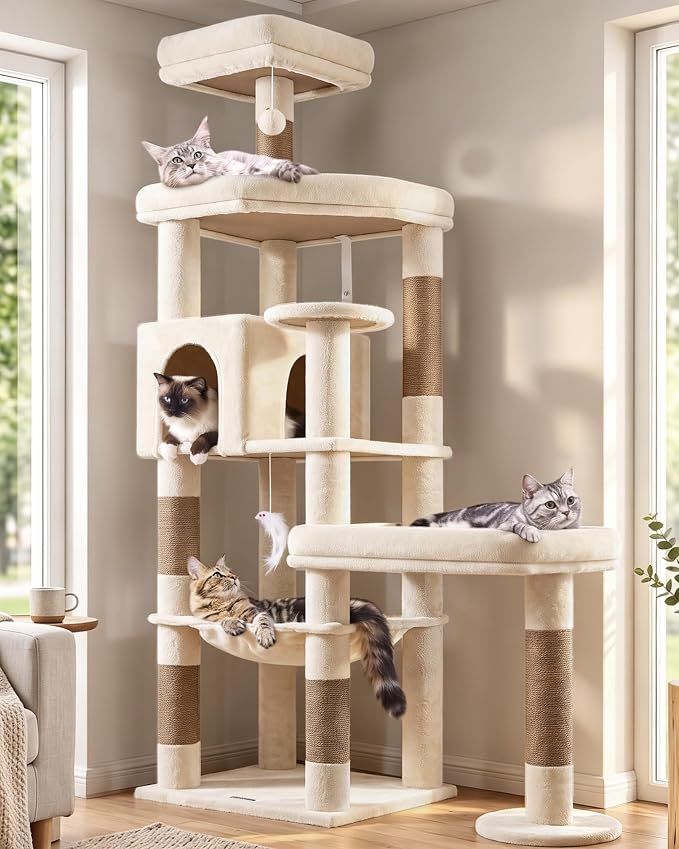 Globlazer Extra Large Platform Cat Tree, 65in Tall Sturdy Cat Tree for Indoor Cats Large Adult, Big Cat Tower for Big Cats with 3 Enlarged Perches, 6 Scratching Posts, Cat Condo, Hammock, S65, Beige
