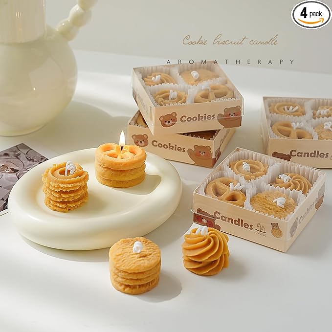 Cookies Shaped Scented Candle,4PACK 120G Biscuit Aroma Soy Wax Decorative Candle for Table Photo Prop Birthday,Prefect Gift for Meditation Stress Relief Mood Boosting Bath Yoga