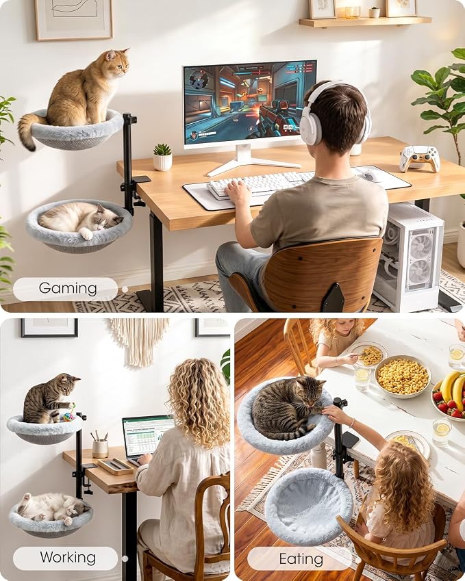 Double Cat Desk Bed, Lockable 360° Swivel, Steel Frame, 15.7-Inch | for Large Cats, Adjustable Clamp 0.5-3", Dual-Sided Cushion, 11-14" Height, No-Drill Mount, Machine Washable, Anti-Slip Base