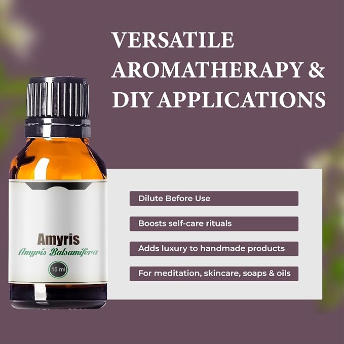 Amyris Essential Oil – 100% Natural Steam-Distilled Amyris Balsamifera Oil from Haiti – Warm Woody Balsamic Aroma for Diffusers, Candles, Perfumes, Massage Blends, Skincare & Aromatherapy – 15 ml