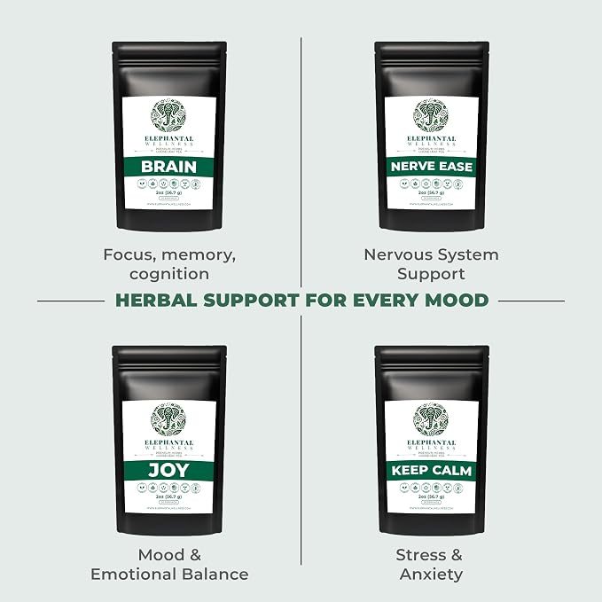 Elephantal Wellness Premium Brain Herbal Tea | Nootropic Focus & Mental Clarity with Ginkgo, Bacopa, Gotu Kola & Rosemary | Non-GMO, Caffeine-Free Coffee Alternative, Handmade Loose Leaf Blend, 2oz Loose Leaf, 20 Servings
