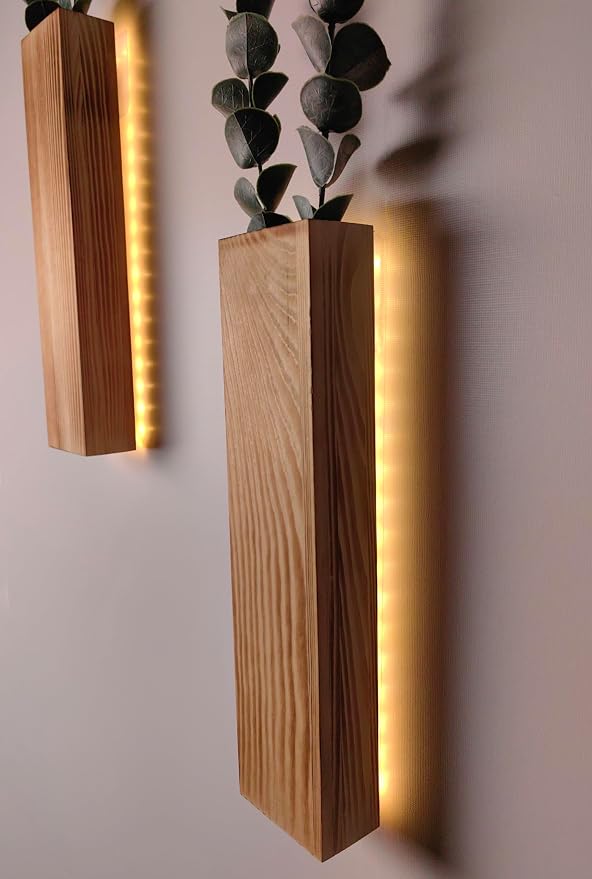 Artificial Eucalyptus with LED Lights Wall Planters Rustic Wall Decor with Lights Wall Sconces Fake Vines for Room Decor Home Bedroom Living Room Bathroom Hanging Vase (Natural)