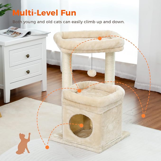 PEQULTI Indoor Cat Tree Tower Small Cats, Sisal Post & Cozy Condo, Beige | Private soft cat condo, soft top perch, natural sisal scratch posts, plush pom-pom toy for indoor kitties