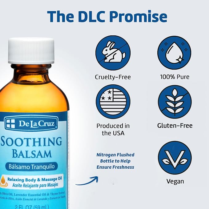 De La Cruz Soothing Balsam (Balsamo Tranquilo) Massage Oil - No Preservatives or Artificial Colors - Made in USA - 2 FL OZ