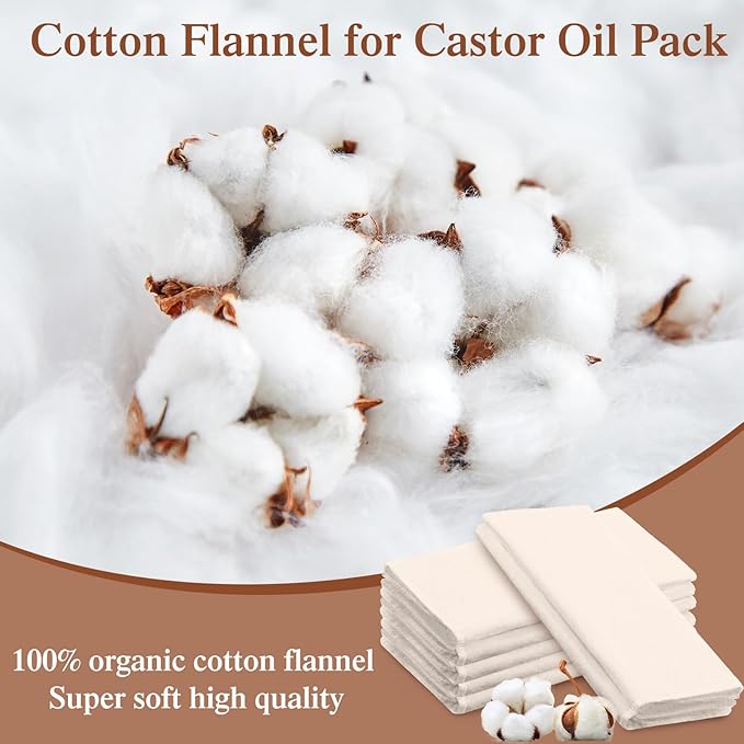 Tingjoo 20 Pcs Organic Cotton Flannel for Castor Oil Pack Wrap Unbleached Reusable Castor Oil Wrap Soothing Heat Compress Soft and Highly Absorbent for Abdomen Liver Joints and Other Areas (White)