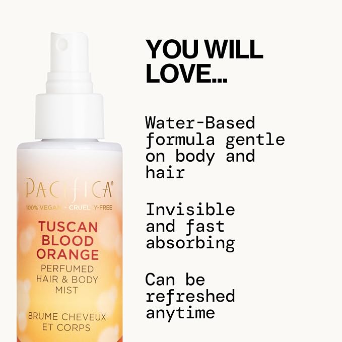 Pacifica Hair & Body Fragrance Mist - Tuscan Blood Orange - Sweet Citrus Scented Hair Perfume and Body Spray - Alcohol-Free, Long-Lasting Clean Fragrance, Vegan & Cruelty-Free, 6 Fl Oz