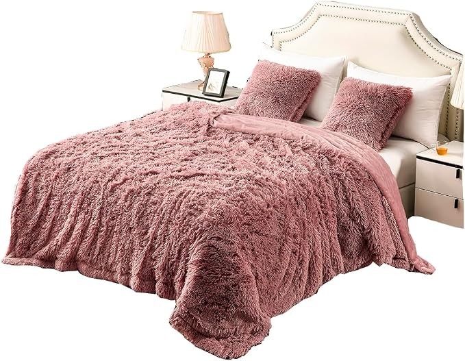 YUSOKI Long Faux Fur Queen Size Blanket, Pink, 90" x 90" | Ultra Soft, Lightweight for All Season Use, stays fluffy after repeated washes, Perfect Gifts, Machine Washable