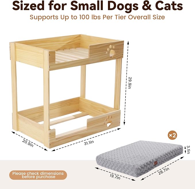 Wooden Bunk Dog Bed with 2 Memory Foam Beds | Modern Pet Furniture, Waterproof Liners, Washable Covers, 31.1 x 20.9 x 29.9 in, Bedside Window Perch, For Medium Dogs & Cats