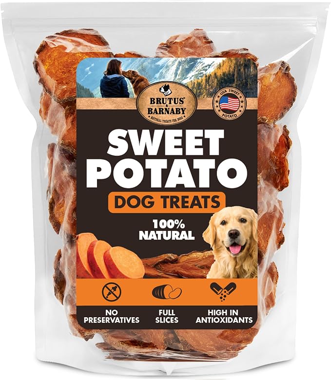 BRUTUS & BARNABY Dried Sweet Potato Dog Treats & Chews, Full Slices, 14 oz | Single ingredient, healthy, hypoallergenic; gentle on sensitive stomachs. Made in USA, thick cut for large breeds