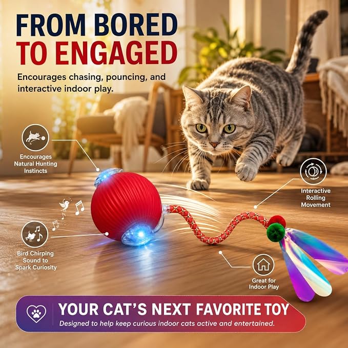Interactive Cat Toy Ball, Automatic Cat Toy with Bird Chirping Sound, 3 Play Modes & 2 Tails,Rechargeable Smart Moving Pet Toy,Speedy Tail 2.0 Cat Toy,Cat Toys Interactive for Indoor Cats & Small Dogs