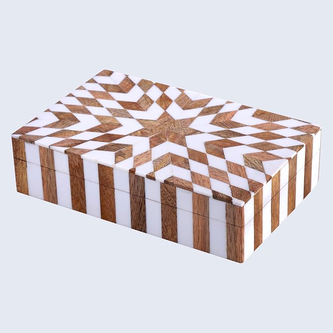Handicrafts Home Handmade Decorative Storage Box with Lid, Wood & Resin Inlay Geometric Star Design, Coffee Table Storage Box, Remote Control Holder, Keepsake, Wooden Organizer for Home Decor- 8x5x2