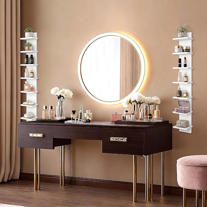 Small 7 Tier Vertical Wall Shelf for Home Decor & Makeup Vanity - White Narrow Display Storage Shelf for Small Spaces, Decorative Vanity Shelf