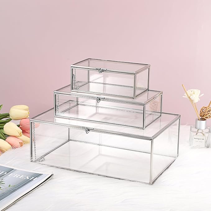 Hipiwe Glass Keepsake Display Box Large Clear Jewelry Lidded Boxes with Lid | Decorative Glass Boxes Rectangle Display Organizer for Trinket Perfume Collection - Gift for Birthday Anniversaries