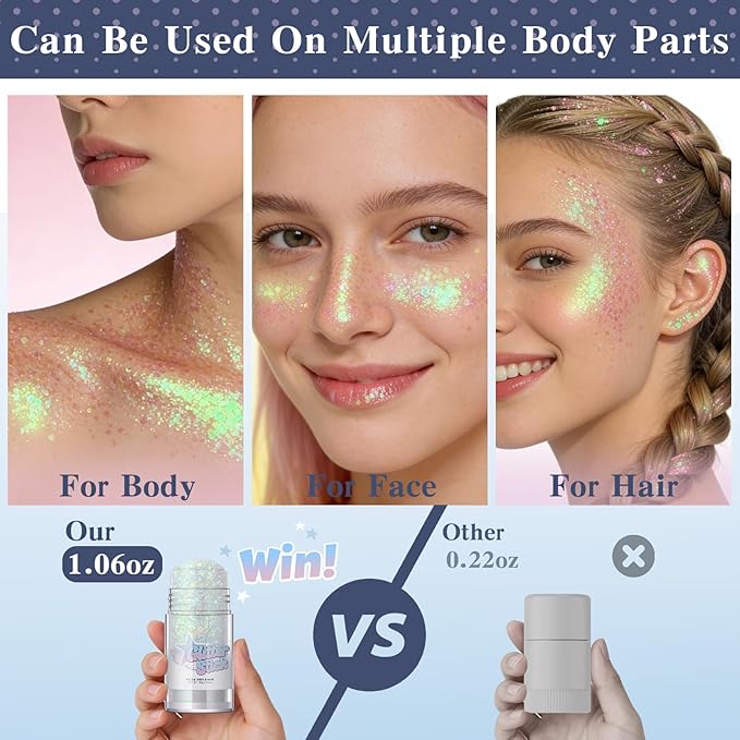 Mermaid White Body Glitter Stick, Holographic Fairy Costume Makeup Face Hair Glitter Stick Rave Outfits for Women, Shimmer Face Paint Singer Concert Festival Party Accessories, 1.06 OZ