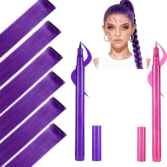 Mysense Cosplay Makeup Set with 6 PCS Purple Hair Extensions, 22-Inch Clip-ins, Purple and Hot Pink Eyeliner, Temporary Tattoo Markers, Rave Accessories for Music Festivals, Stage&Costume Parties