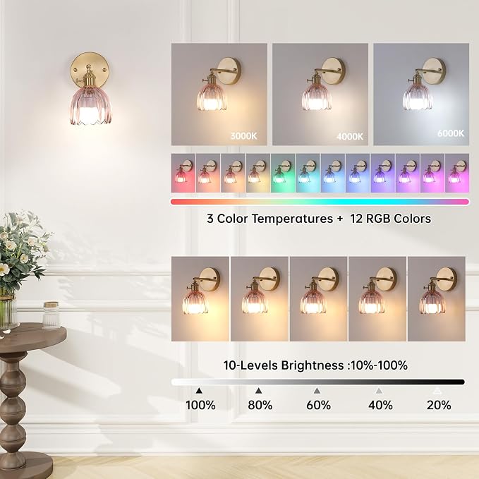 Shenmoyl Vintage 5000 mAh Battery Operated Wall Sconce with Pink Clear Tulip Glass Lampshade Rechargeable Battery Powered Wall Light with Remote Control for Bedroom Doorway, Set of 2