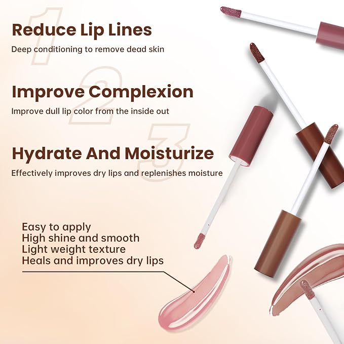 Lip Liner Gloss Set, Light Brown Plumping Lip Liner Lip Pencil Moisturizing Lightweight Lip Gloss Lip Combo, High Shine Glossy Lip Tint Lip Stain Makeup Long Lasting Lip Contour for Women