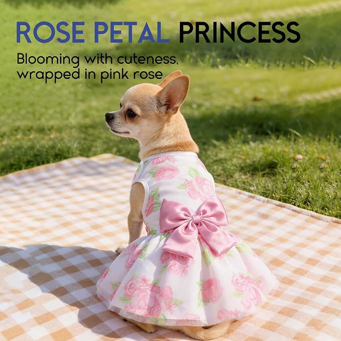 ASENKU Dog Dress Pet Wedding Dress Puppy Birthday Party Outfit, Rose S | Dog Flower Girl Dress With Leash Hole, Princess Puppy Dress For Weddings, Daily Wear, Fits Small Medium Large Dogs Cats