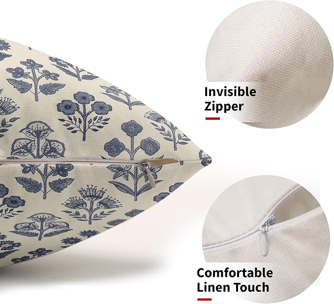Dark Blue Floral Pillow Covers 12x20 Inch Set of 2, Block Print Lumbar Flower Cream Decorative Throw Pillowcases Outdoor Farmhouse Rectangle Cushion Covers Spring Summer Sofa Couch Bed Decor