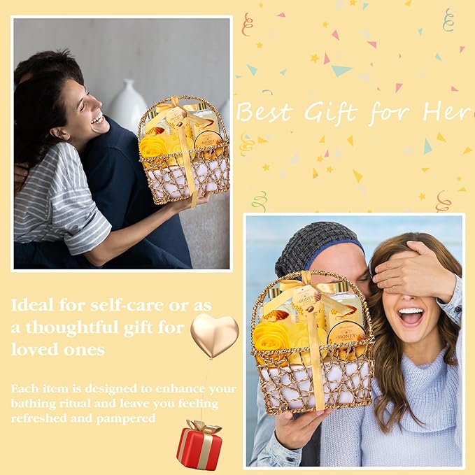 Mothers Day Birthday Spa Gifts for Women, 8pcs Honey Almond Bath Gift Set for Women, Relaxation Self Care Spa Kit W/Bath Bomb, Bubble Bath, Mom Sister Female Christmas Thank You Gifts