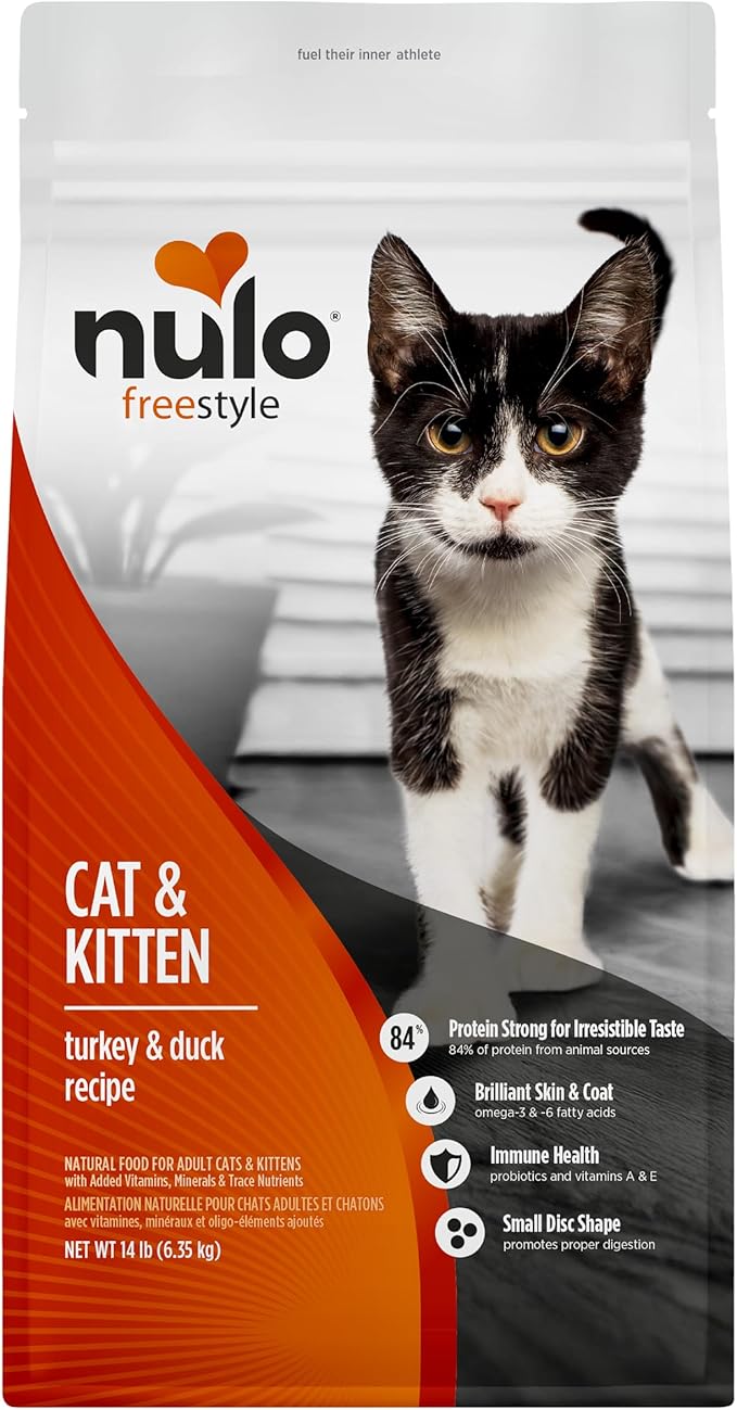 Nulo FreeStyle Cat & Kitten Dry Food - Turkey & Duck Recipe, High Protein Grain Free Cat Food, Natural Kibble with Probiotics, Omega Fatty Acids, 14lb Bag