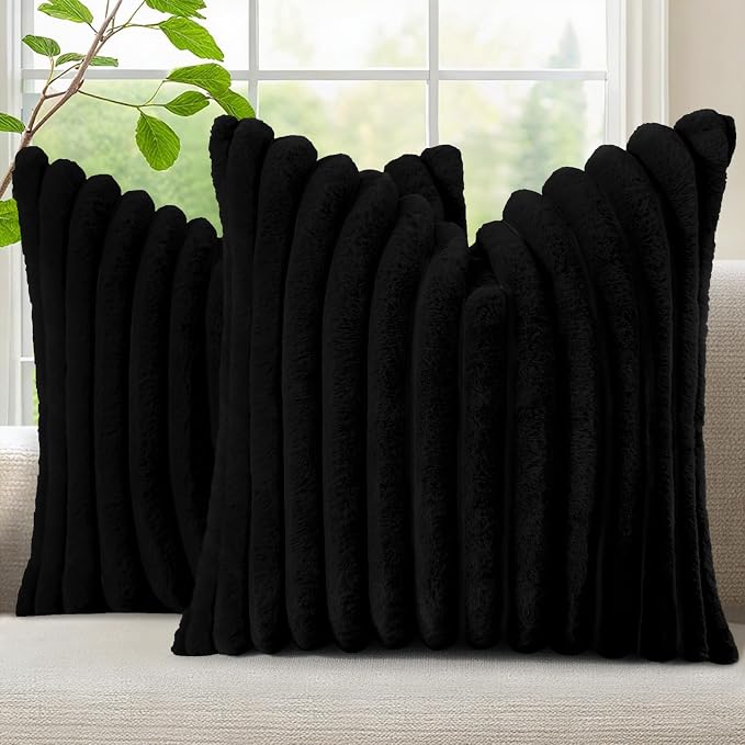 decorUhome Fall Faux Fur Throw Pillow Covers 18x18 Set of 2 Black | Decorative Soft Cozy Striped Plush Modern Farmhouse Boho Couch Pillow Cases Velvet Back for Sofa Bed Living Room Home Decor